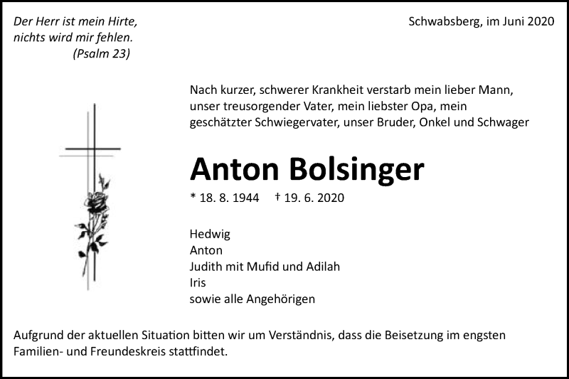  Traueranzeige für Anton Bolsinger vom 24.06.2020 aus Schwäbische Post