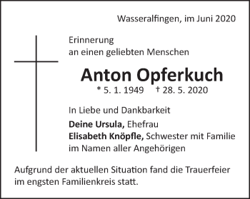 Traueranzeige von Anton Opferkuch von Schwäbische Post