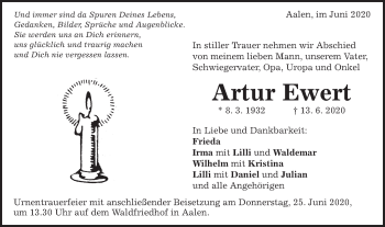 Traueranzeige von Artur Ewert von Schwäbische Post