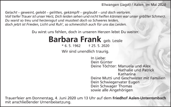 Traueranzeige von Barbara Frank von Schwäbische Post