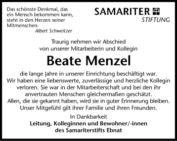 Traueranzeige von Beate Menzel von Schwäbische Post