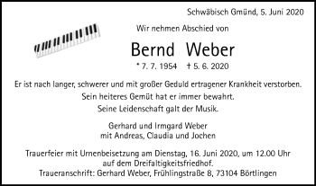 Traueranzeige von Bernd Weber von Gmünder Tagespost