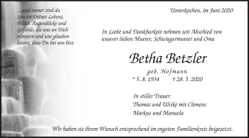 Traueranzeige von Betha Betzler von Schwäbische Post