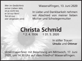 Traueranzeige von Christa Schmid von Schwäbische Post