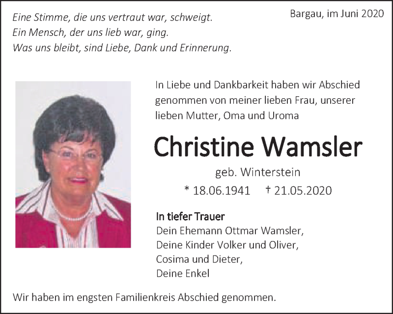  Traueranzeige für Christine Wamsler vom 03.06.2020 aus Gmünder Tagespost