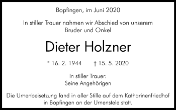 Traueranzeige von Dieter Holzner von Bopfinger Stadtanzeiger