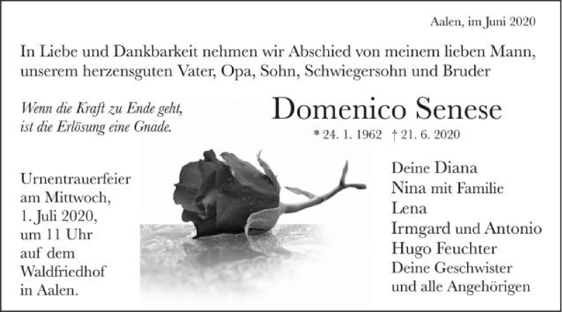  Traueranzeige für Domenico Senese vom 27.06.2020 aus Schwäbische Post