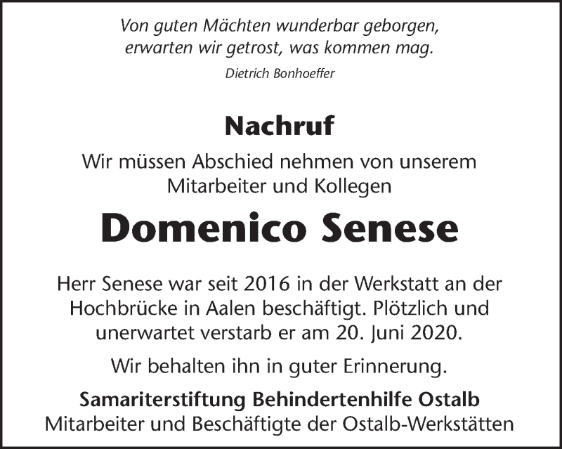  Traueranzeige für Domenico Senese vom 27.06.2020 aus Schwäbische Post