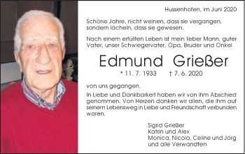 Traueranzeige von Edmund Grießer von Gmünder Tagespost