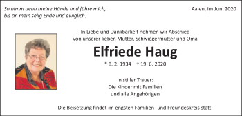Traueranzeige von Elfriede Haug von Schwäbische Post