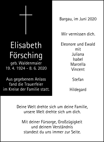 Traueranzeige von Elisabeth Försching von Gmünder Tagespost