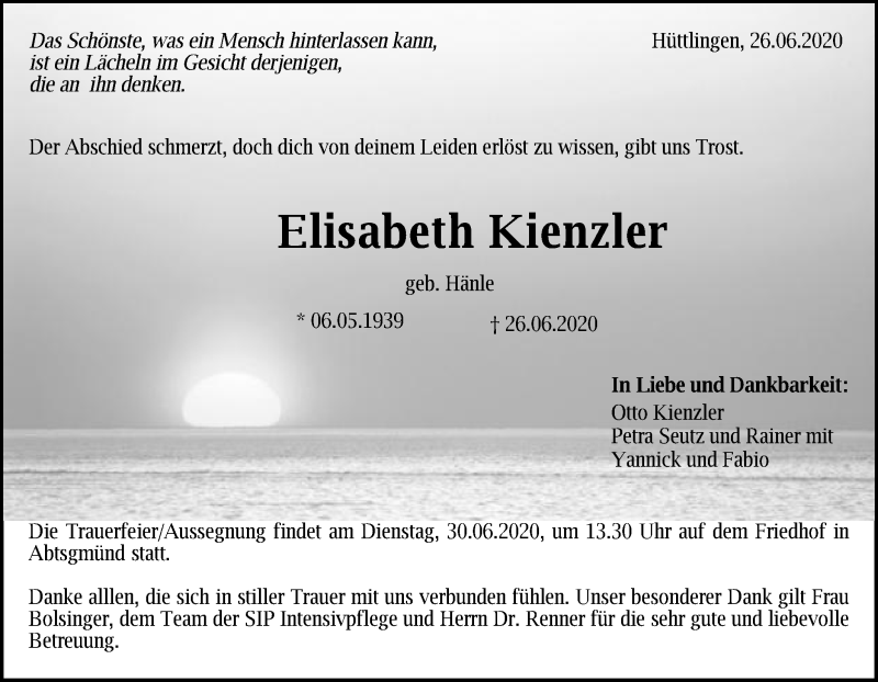 Traueranzeige für Elisabeth Kienzler vom 29.06.2020 aus Schwäbische Post