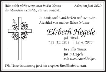 Traueranzeige von Elsbeth Hegele von Schwäbische Post