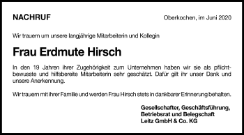 Traueranzeige von Erdmute Hirsch von Schwäbische Post