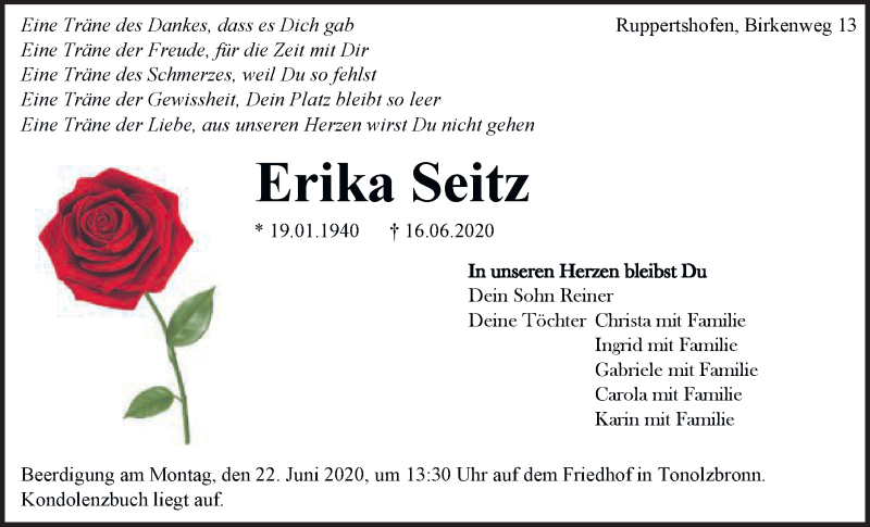  Traueranzeige für Erika Seitz vom 19.06.2020 aus Gmünder Tagespost