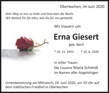 Traueranzeige von Erna Giesert von Schwäbische Post