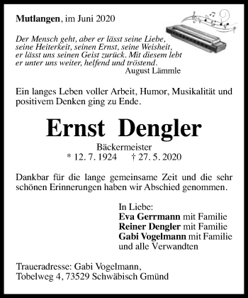 Traueranzeige von Ernst Dengler von Gmünder Tagespost