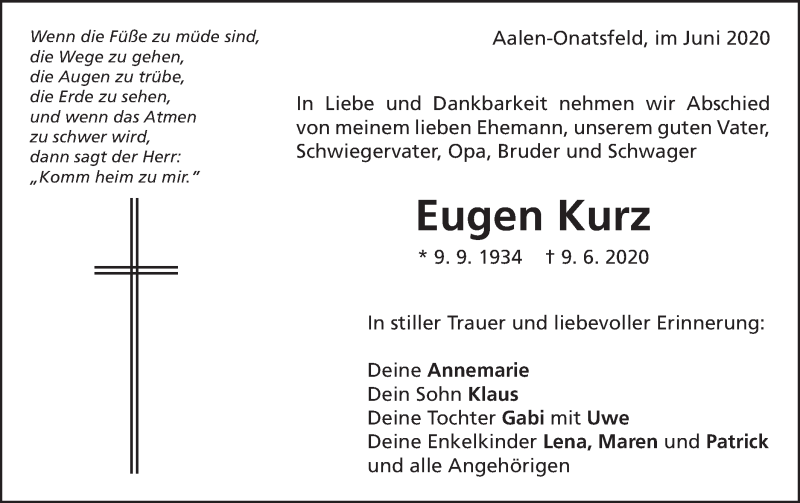  Traueranzeige für Eugen Kurz vom 13.06.2020 aus Schwäbische Post