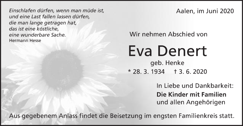 Traueranzeige für Eva Denert vom 04.06.2020 aus Schwäbische Post