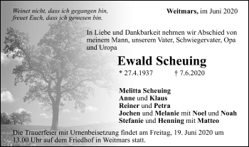 Traueranzeige von Ewald Scheuing von Gmünder Tagespost