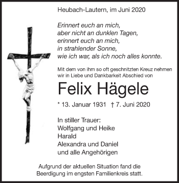 Traueranzeige von Felix Hägele von Gmünder Tagespost