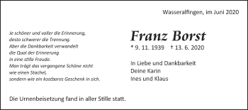 Traueranzeige von Franz Borst von Schwäbische Post