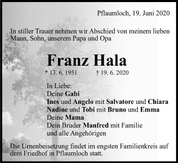 Traueranzeige von Franz Hala von Schwäbische Post