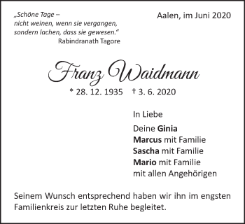 Traueranzeige von Franz Waidmann von Schwäbische Post