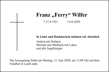 Traueranzeige von Franz  Wilfer von Gmünder Tagespost