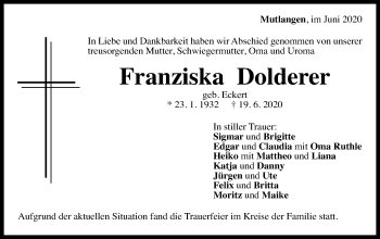 Traueranzeige von Franziska Dolderer von Gmünder Tagespost