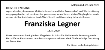 Traueranzeige von Franziska Legner von Schwäbische Post