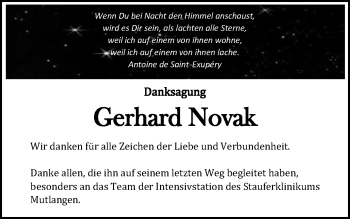 Traueranzeige von Gerhard Novak von Gmünder Tagespost
