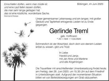 Traueranzeige von Gerlinde Treml von Gmünder Tagespost