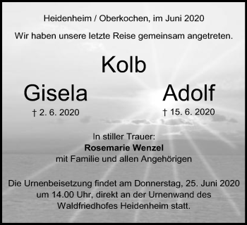 Traueranzeige von Gisela und Adolf Kolb von Schwäbische Post
