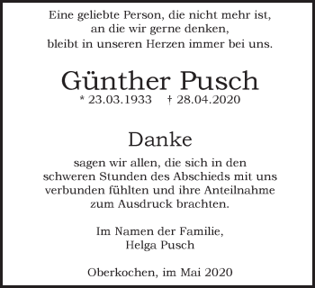 Traueranzeige von Günther Pusch von Amtsblatt_Oko