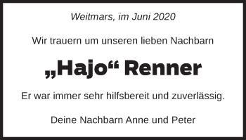 Traueranzeige von Hajo Renner von Gmünder Tagespost