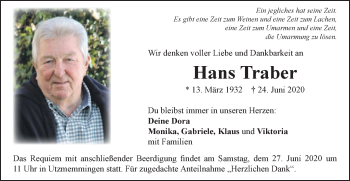 Traueranzeige von Hans Traber von Schwäbische Post