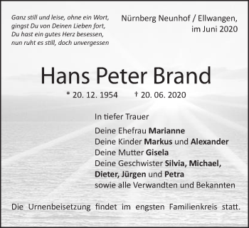 Traueranzeige von Hans Peter Brand von Schwäbische Post