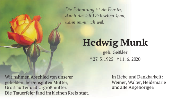 Traueranzeige von Hedwig Munk von Schwäbische Post
