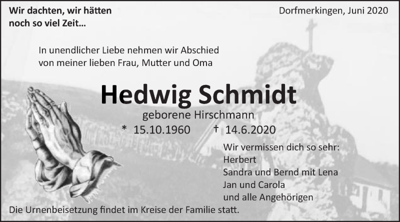  Traueranzeige für Hedwig Schmidt vom 18.06.2020 aus Schwäbische Post