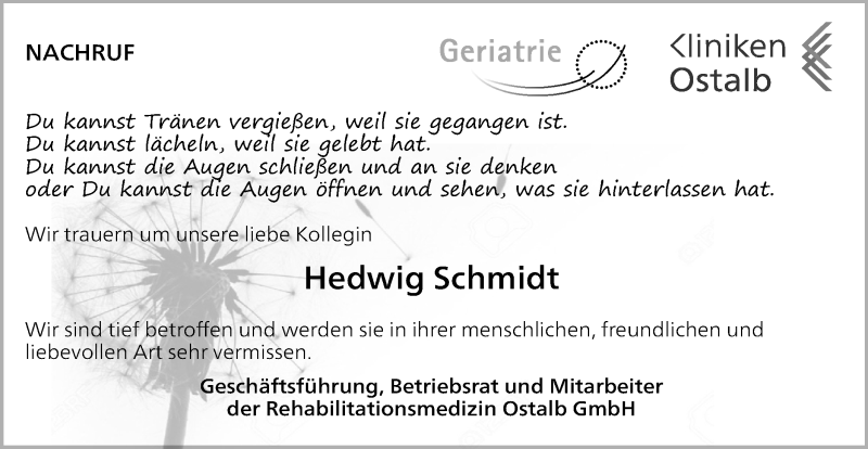  Traueranzeige für Hedwig Schmidt vom 20.06.2020 aus Schwäbische Post