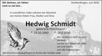 Traueranzeige von Hedwig Schmidt von Schwäbische Post