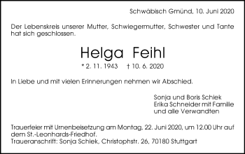 Traueranzeige von Helga Feihl von Gmünder Tagespost