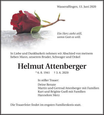 Traueranzeige von Helmut Attenberger von Schwäbische Post