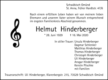 Traueranzeige von Helmut Hinderberger von Gmünder Tagespost