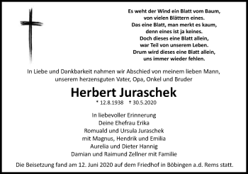 Traueranzeige von Herbert Juraschek von Gmünder Tagespost