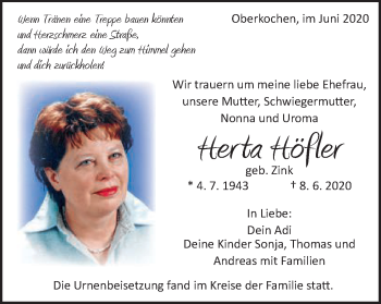 Traueranzeige von Herta Höfler von Amtsblatt_Oko