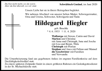 Traueranzeige von Hildegard Hiegler von Gmünder Tagespost