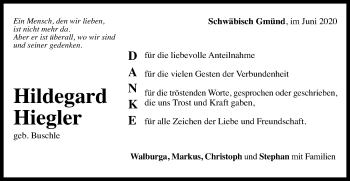 Traueranzeige von Hildegard Hiegler von Gmünder Tagespost