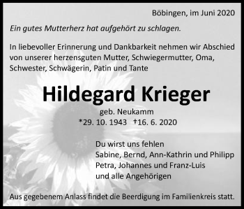 Traueranzeige von Hildegard Krieger von Gmünder Tagespost
